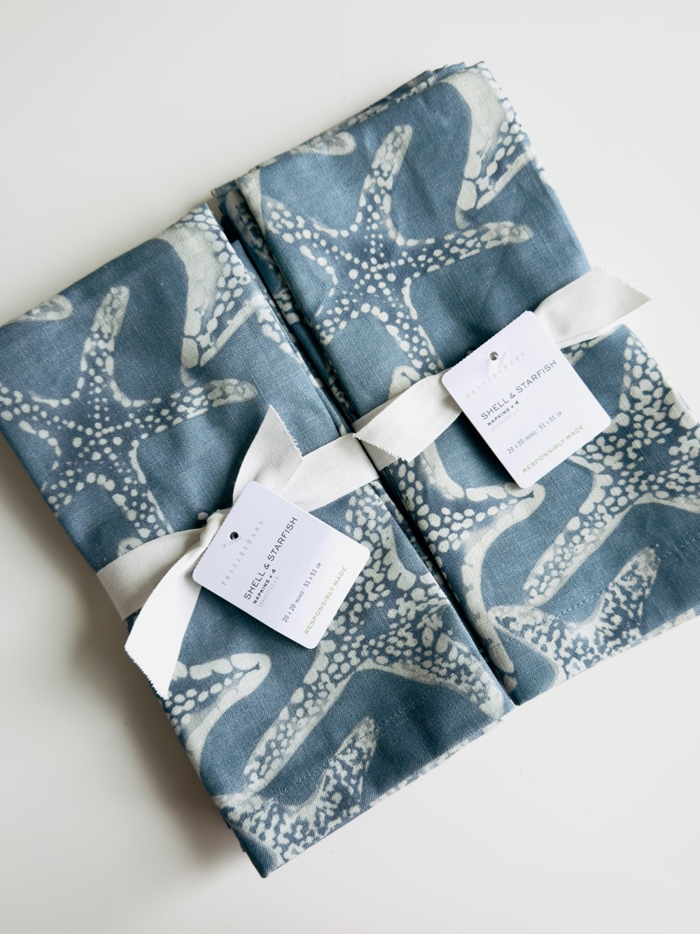 Pottery Barn 8 Shell & Starfish 100% Organic Cotton 20” Napkins, NWT, Retail $80